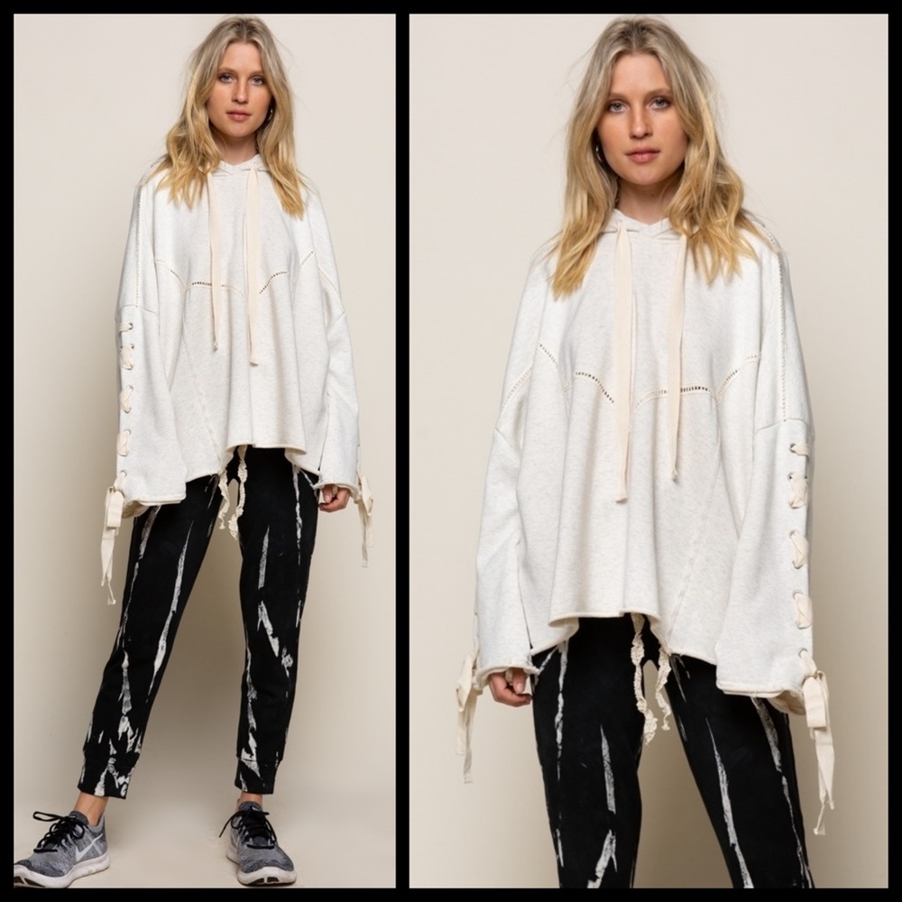 POL “Urban Chic” French Terry Hoodie Top Criss Cross Laces Down Sleeves Raw Hem - Picture 10 of 16